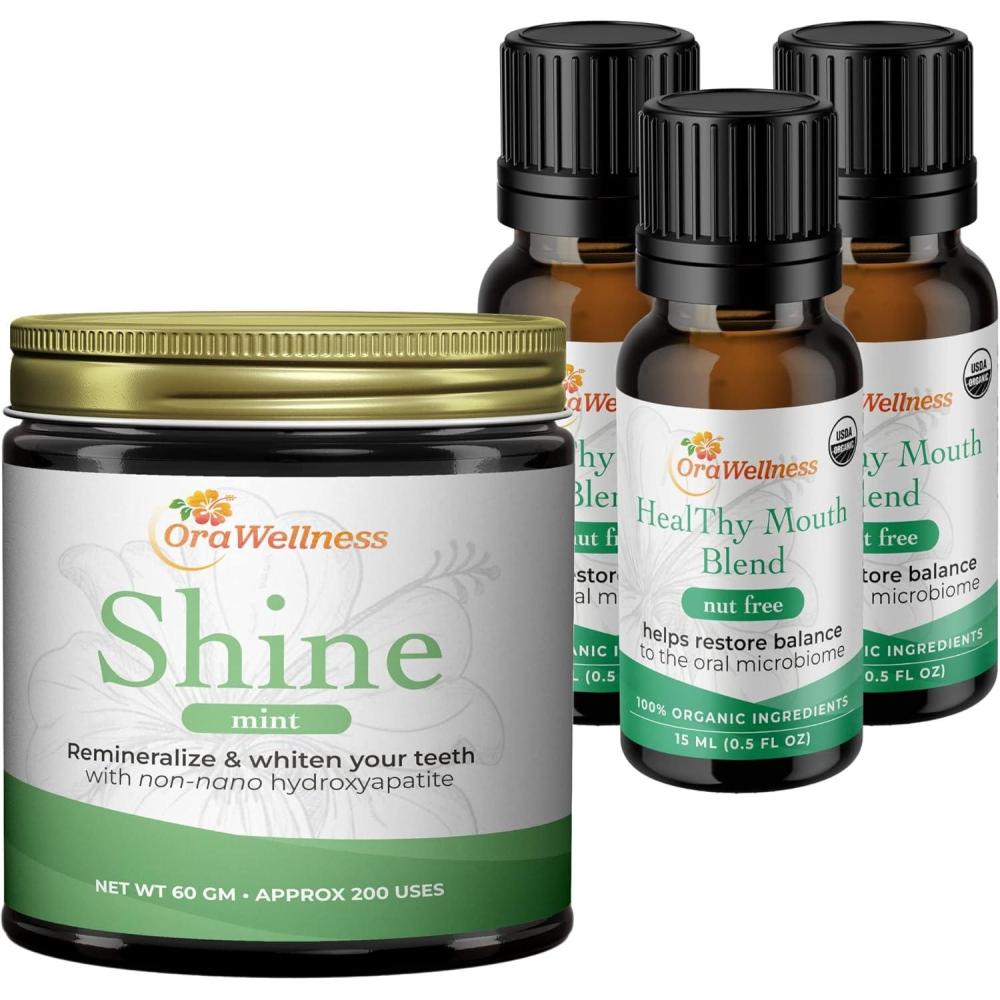 image:imageOraWellness Shine Remineralizing Natural Teeth Whitening Powder in Mint Nut Free Healthy Mouth Blend Organic Toothpaste amp Mouthwash Alternative Tooth Oil Pack of 3