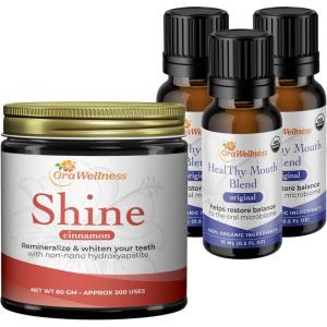 OraWellness Shine Remineralizing Natural Teeth Whitening Powder in Cinnamon + Pack of 3 Healthy Mouth Blend Organic Toothpaste & Mouthwash Alternative Tooth Oil