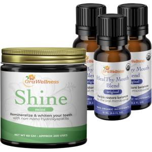 OraWellness Shine Remineralizing Natural Teeth Whitening Powder in Mint + Healthy Mouth Blend Organic Toothpaste & Mouthwash Alternative Tooth Oil, Pack of 3