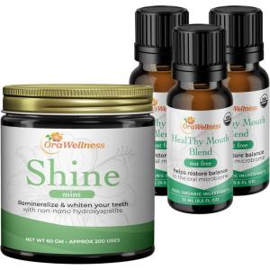 OraWellness Shine Remineralizing Natural Teeth Whitening Powder in Mint + Nut Free Healthy Mouth Blend Organic Toothpaste & Mouthwash Alternative Tooth Oil, Pack of 3